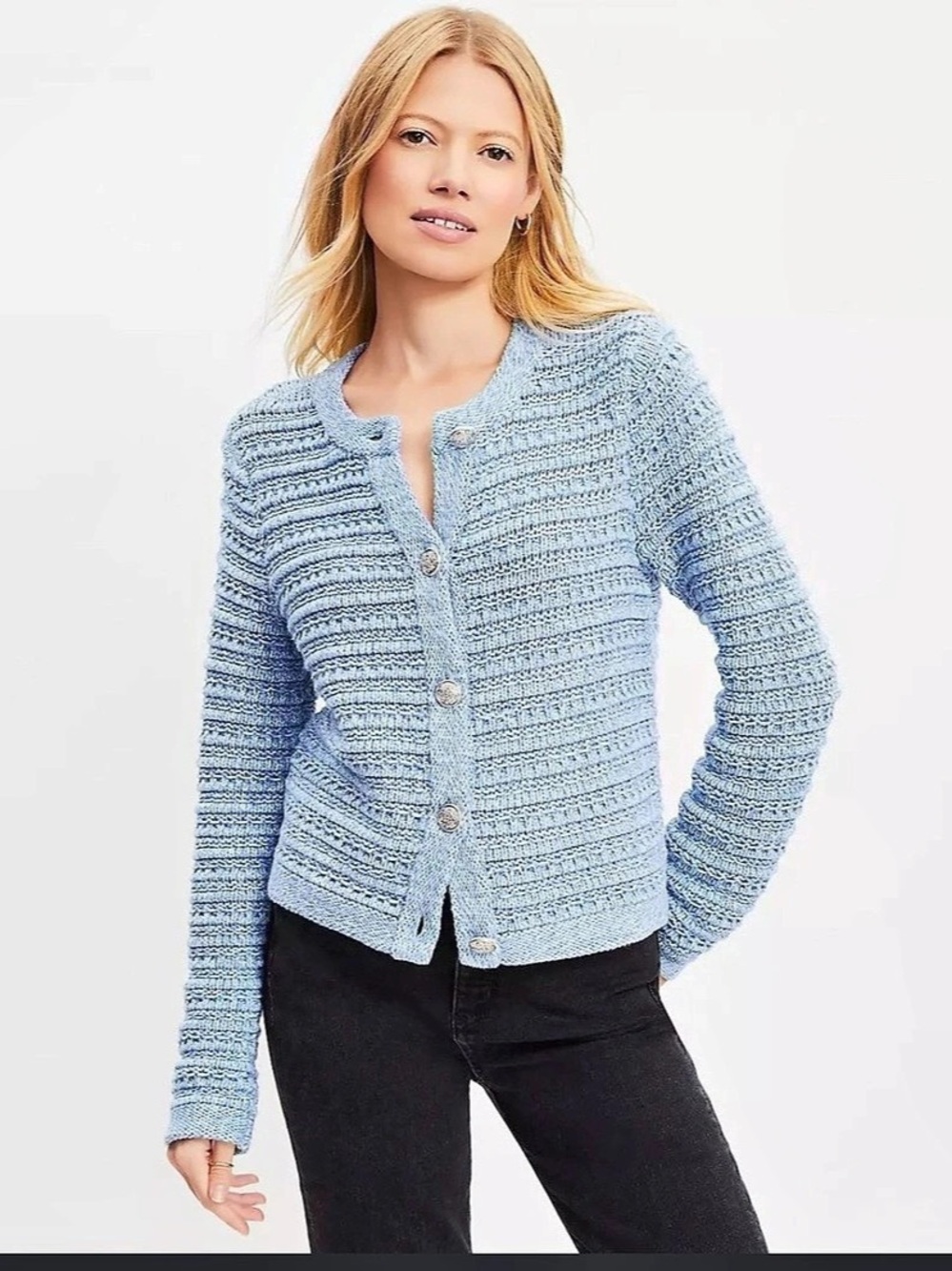 LOFT Textured Knit Cardigan Blue NWT XS Preppy Casual Autumn
